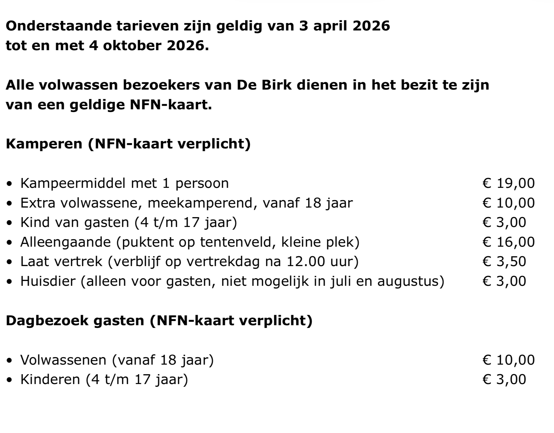 Tarieven kamperen 2026